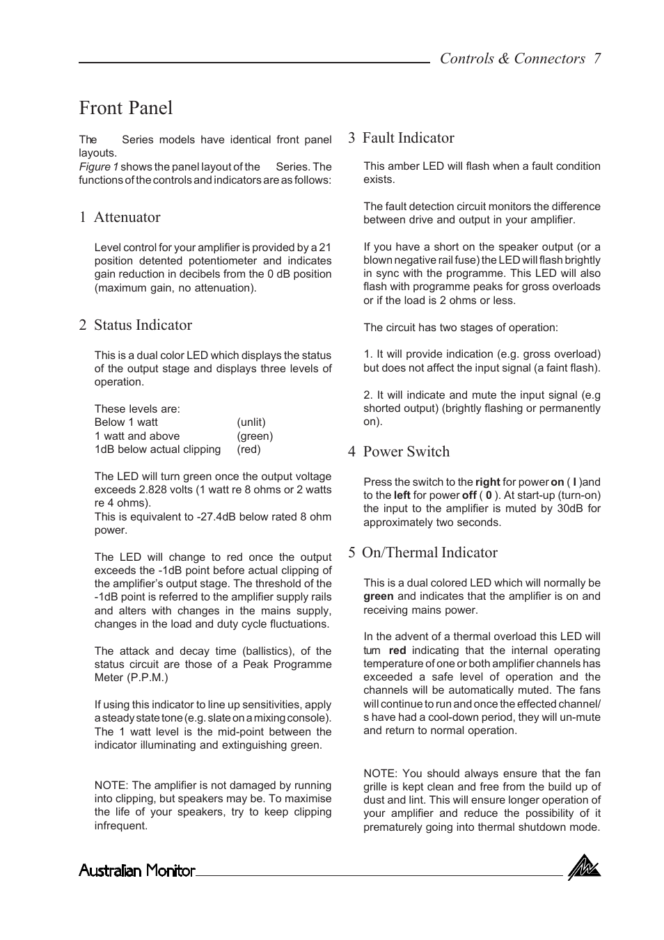Front panel, 1 attenuator, 2 status indicator | 3 fault indicator, 4 power switch, 5 on/thermal indicator, Controls & connectors 7 | Australian Monitor KA1500 User Manual | Page 7 / 20