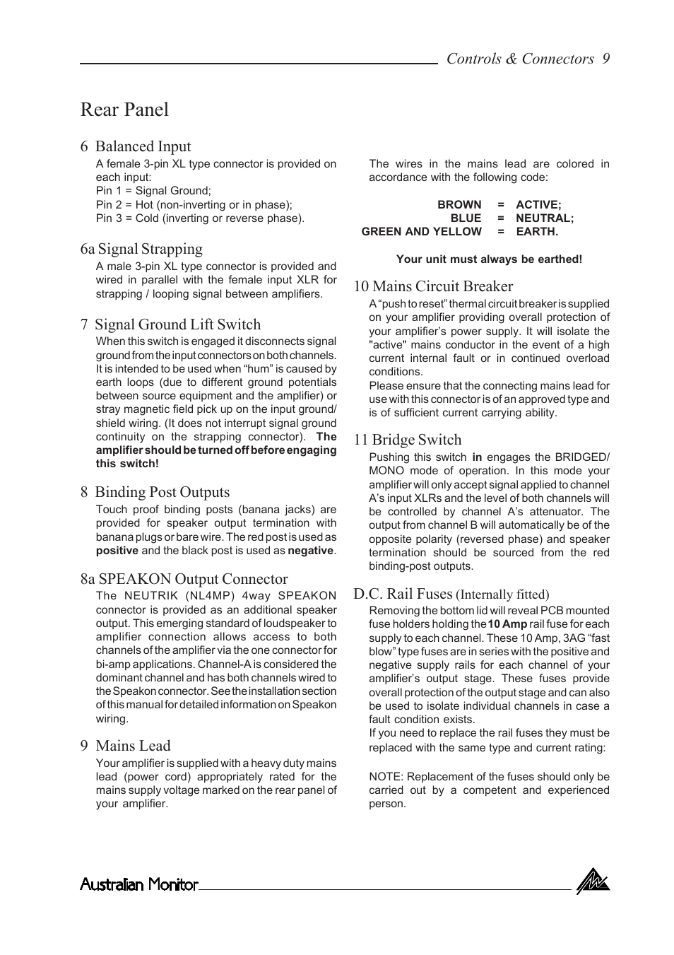 Rear panel, 6 balanced input, 6a signal strapping | 7 signal ground lift switch, 8 binding post outputs, 8a speakon output connector, 9 mains lead, Controls & connectors 9, 10 mains circuit breaker, 11 bridge switch | Australian Monitor KA1500 User Manual | Page 9 / 20