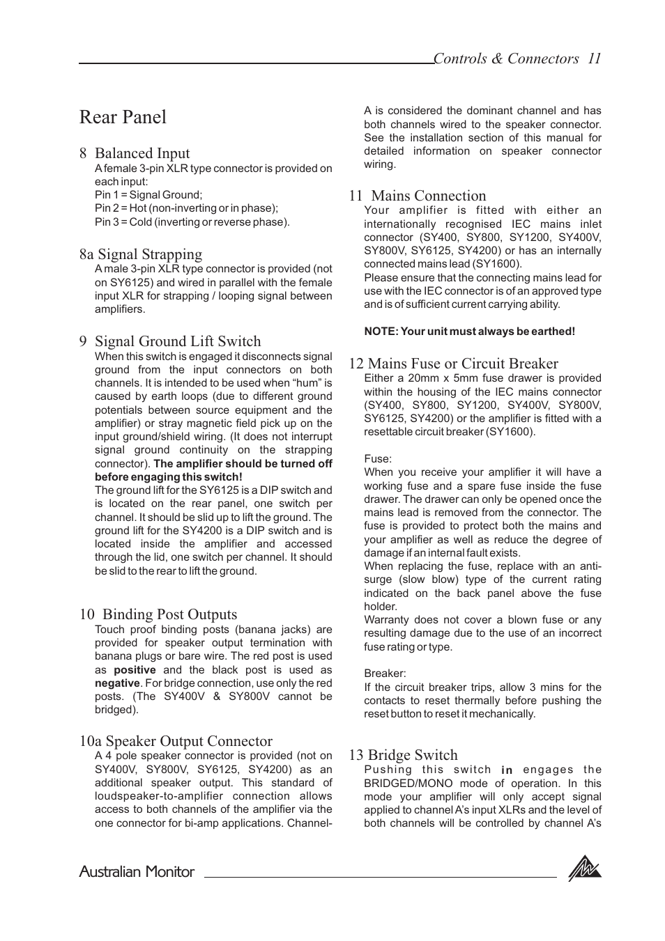 Rear panel, Australian monitor, Controls & connectors 11 | Australian Monitor SY800 User Manual | Page 11 / 24