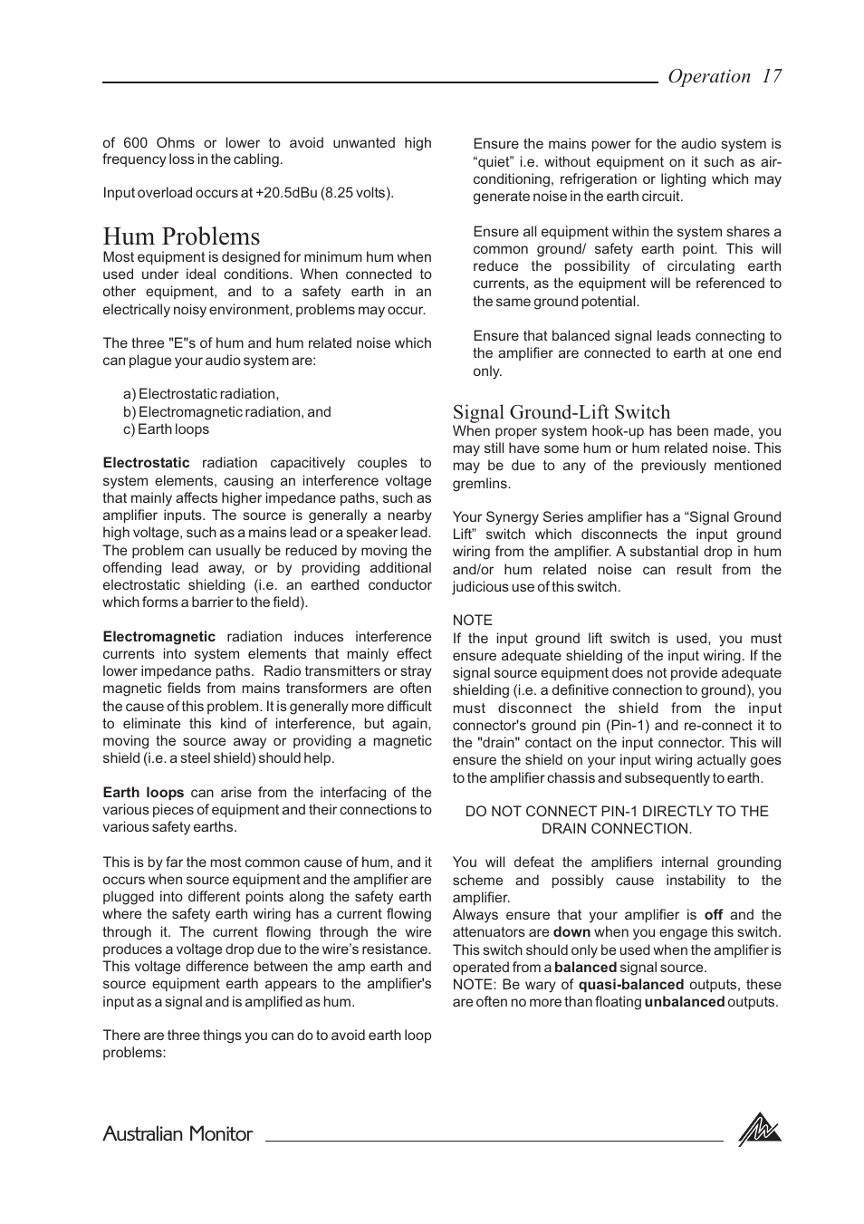 Hum problems, Australian monitor, Operation 17 | Signal ground-lift switch | Australian Monitor SY800 User Manual | Page 17 / 24