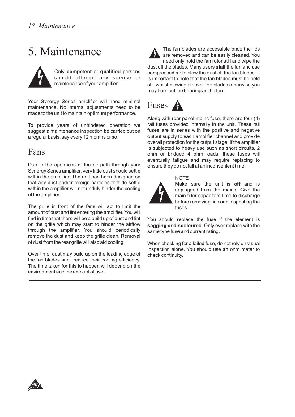 Maintenance, Fans, Fuses | 18 maintenance | Australian Monitor SY800 User Manual | Page 18 / 24