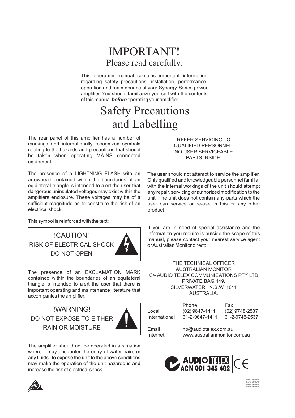 Important, Safety precautions and labelling, Please read carefully | Caution, Warning | Australian Monitor SY800 User Manual | Page 2 / 24