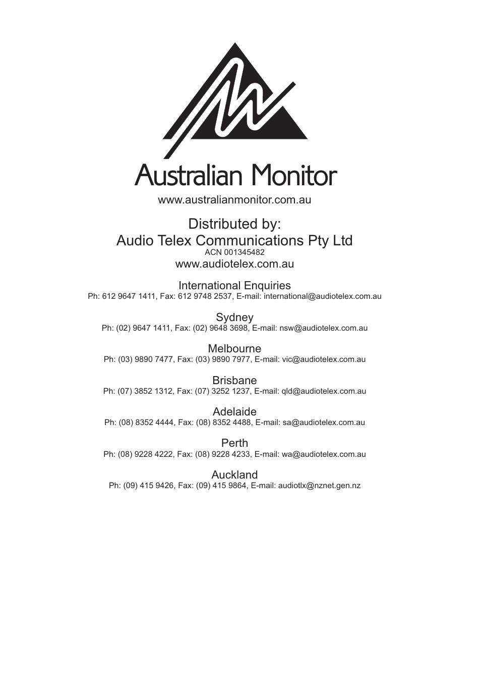 Australian monitor, Distributed by: audio telex communications pty ltd | Australian Monitor SY800 User Manual | Page 24 / 24