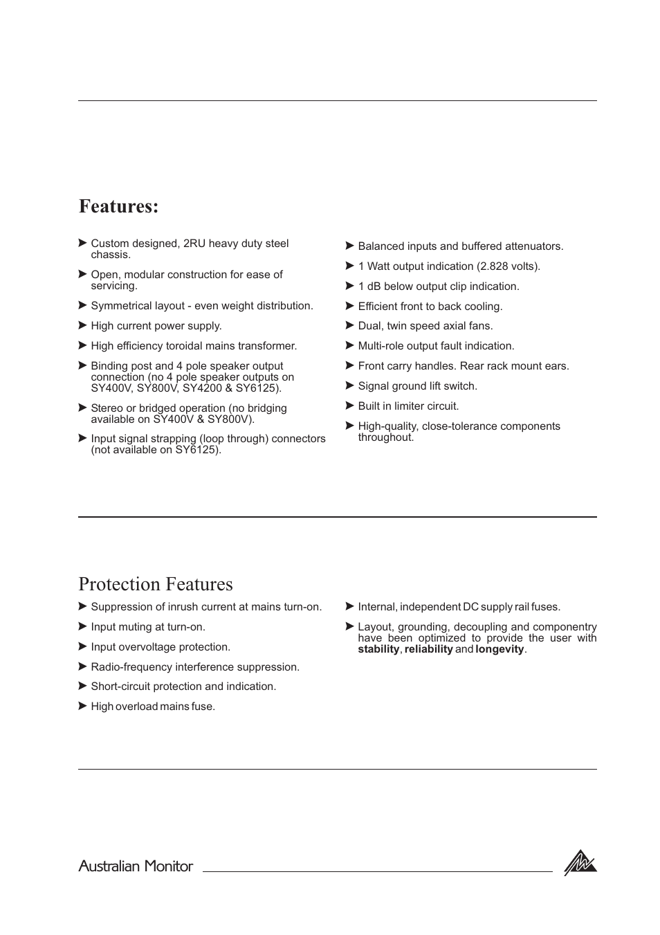 Features, Protection features, Australian monitor | Australian Monitor SY800 User Manual | Page 3 / 24