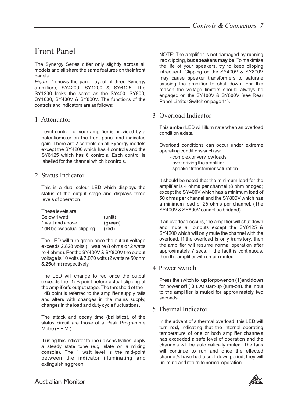 Front panel, Australian monitor, 1 attenuator 2 status indicator | 3 overload indicator 4 power switch, 5 thermal indicator, Controls & connectors 7 | Australian Monitor SY800 User Manual | Page 7 / 24