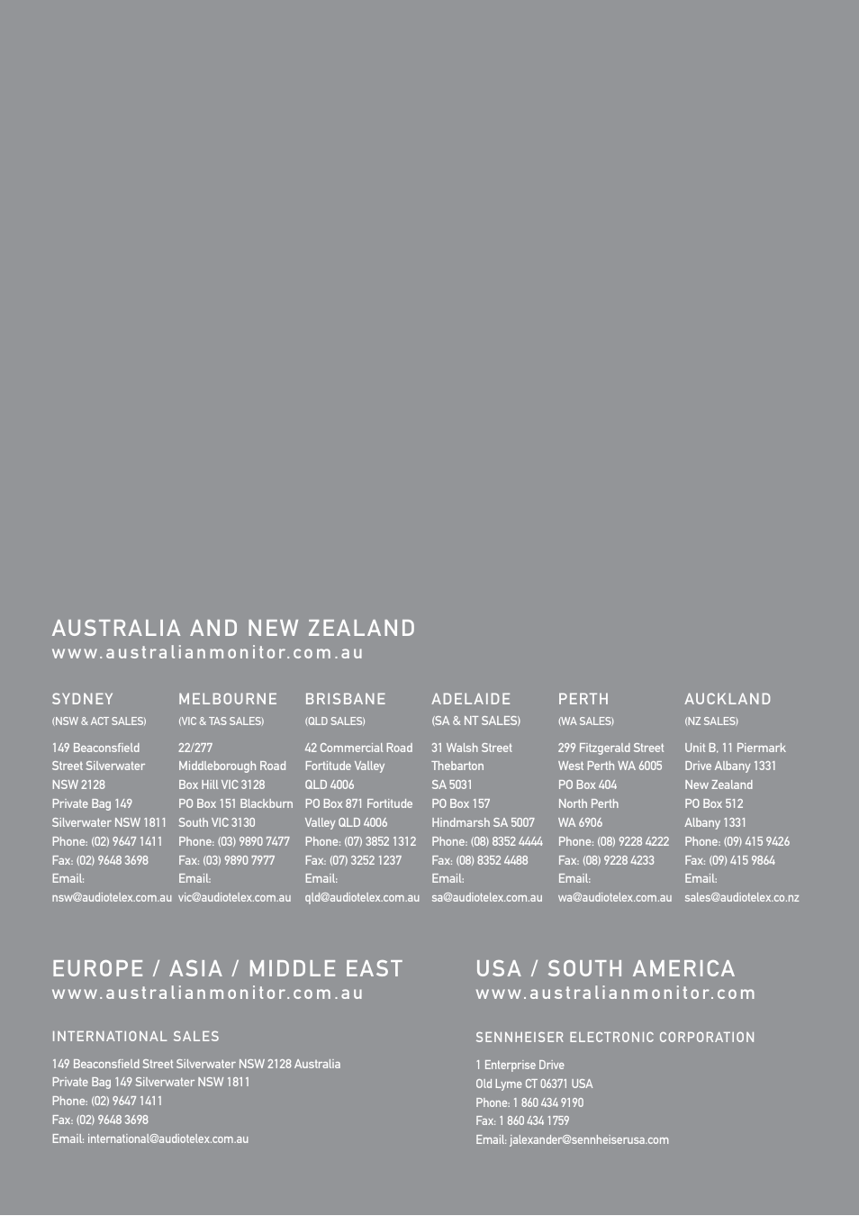 Australia and new zealand, Europe / asia / middle east, Usa / south america | Australian Monitor SY2700 User Manual | Page 12 / 12