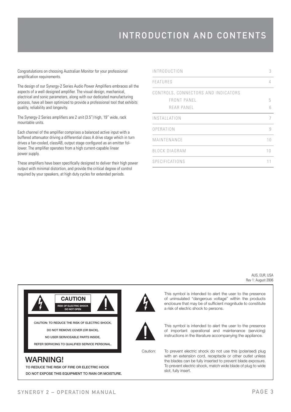 Warning, Pa g e 3 | Australian Monitor SY2700 User Manual | Page 3 / 12