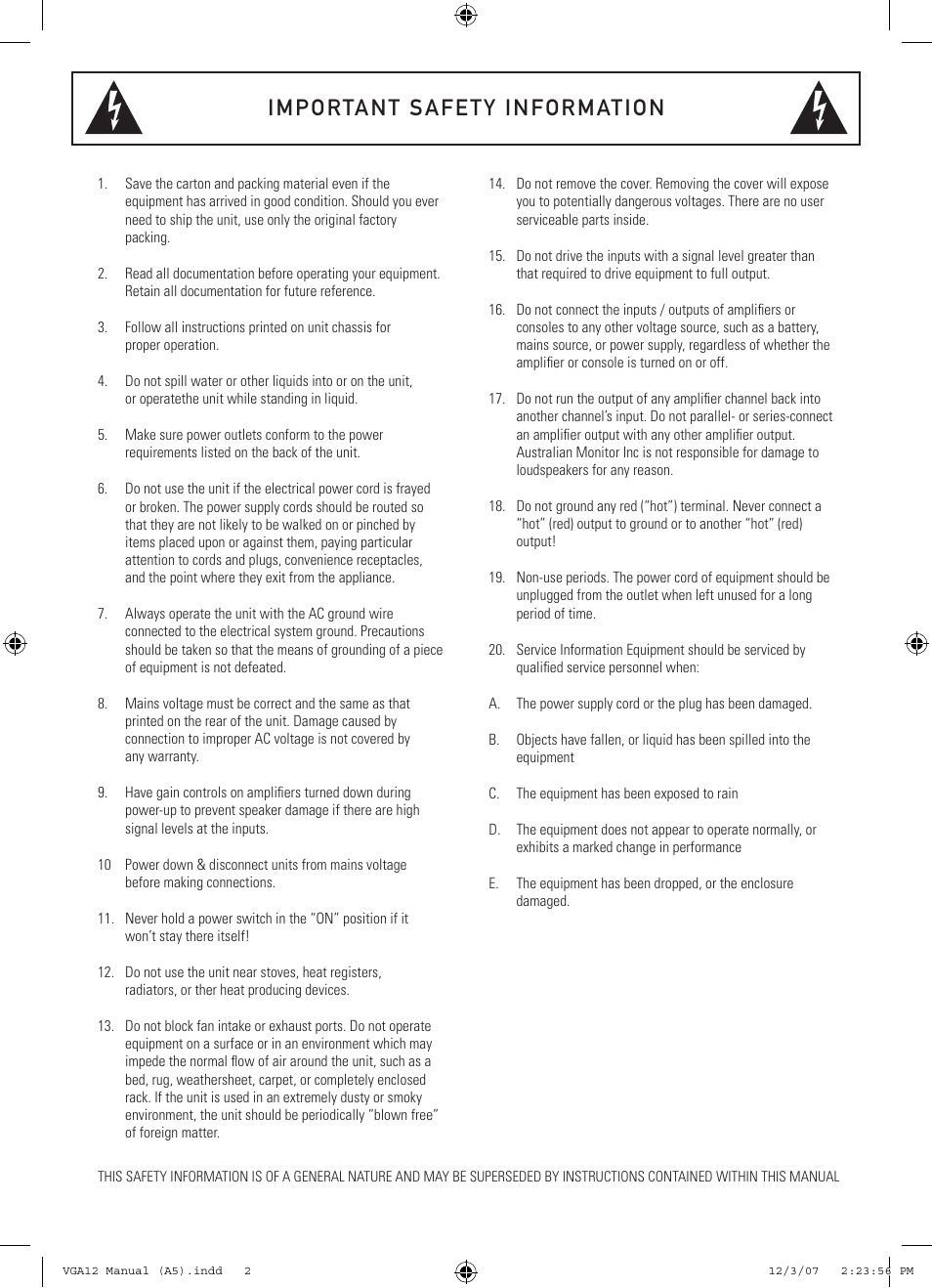 Important safety information | Australian Monitor VGA12 User Manual | Page 2 / 8