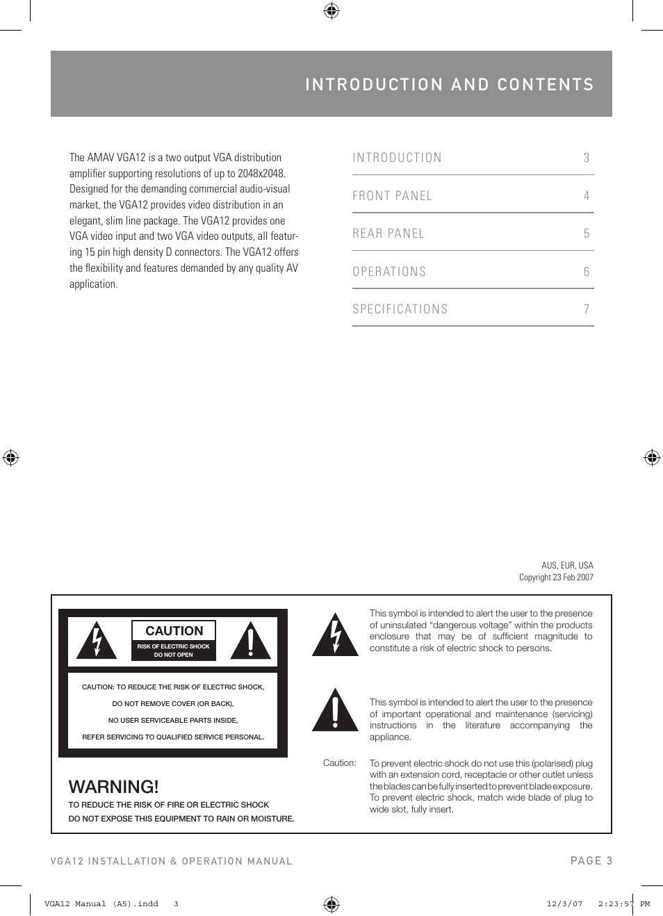 Warning | Australian Monitor VGA12 User Manual | Page 3 / 8