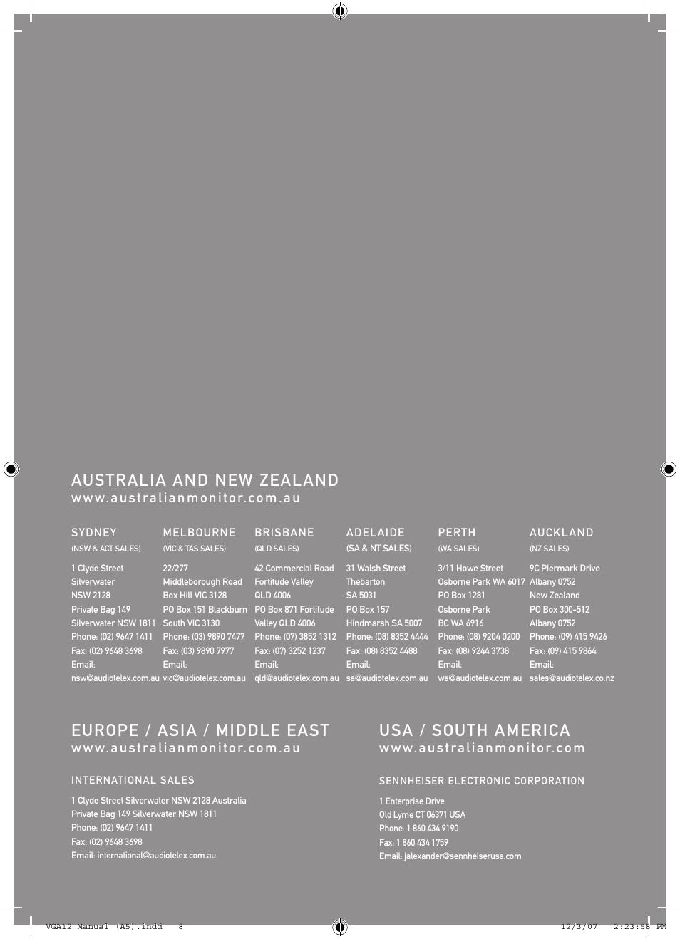 Australia and new zealand, Europe / asia / middle east, Usa / south america | Australian Monitor VGA12 User Manual | Page 8 / 8