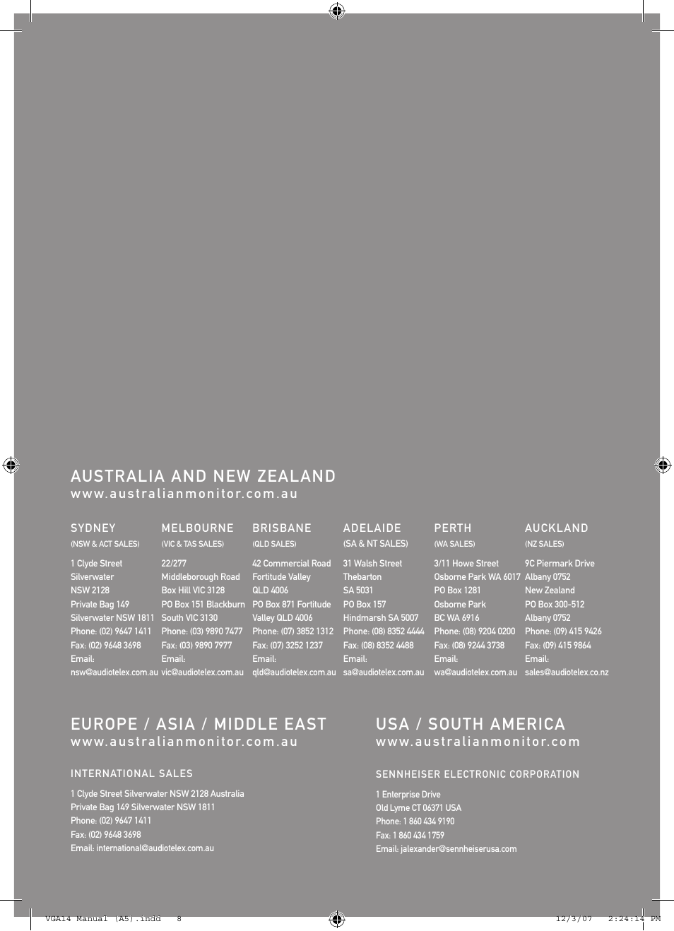 Australia and new zealand, Europe / asia / middle east, Usa / south america | Australian Monitor VGA14 User Manual | Page 8 / 8