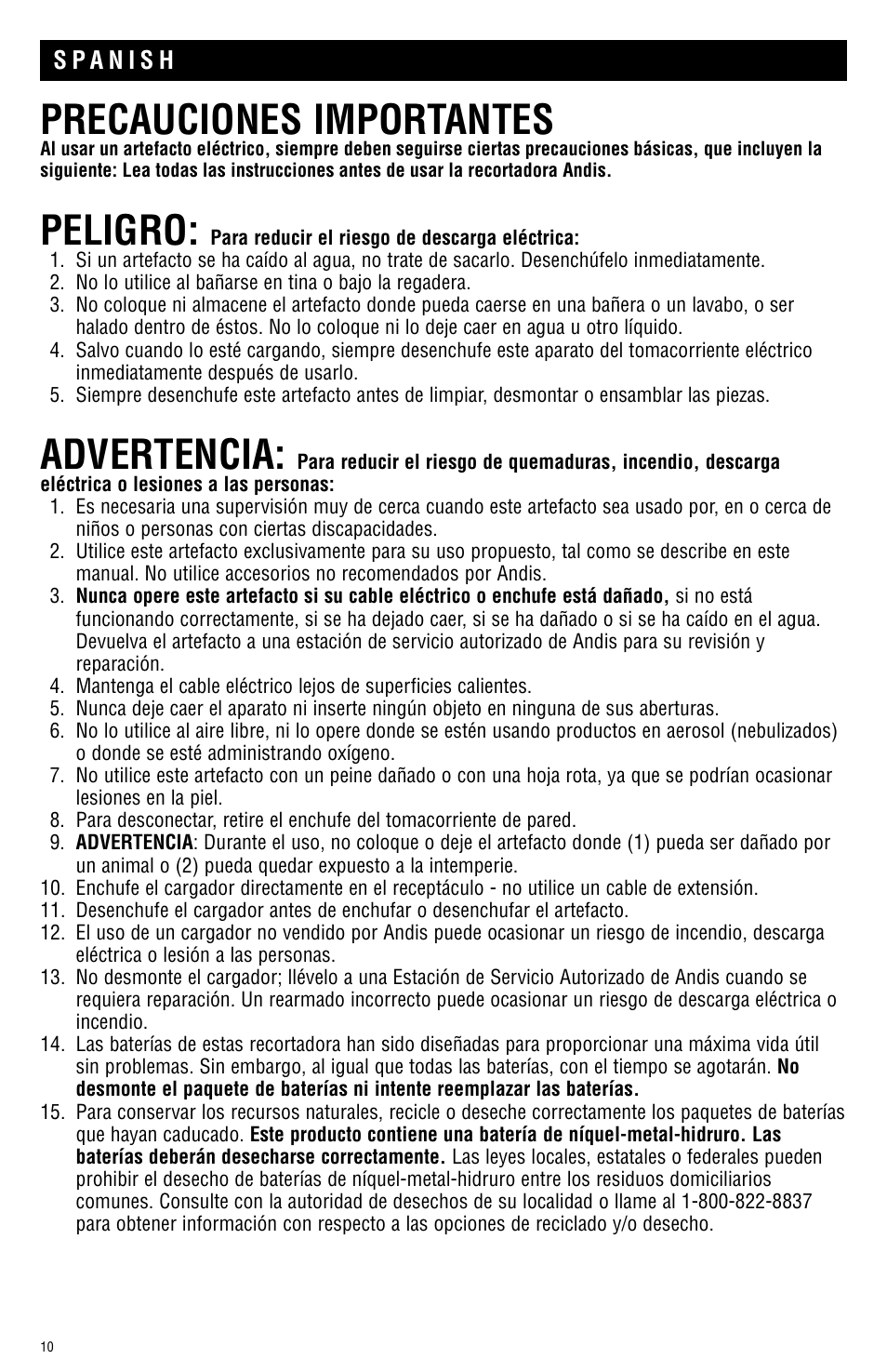 Precauciones importantes, Peligro, Advertencia | Andis Company AGRC User Manual | Page 10 / 28