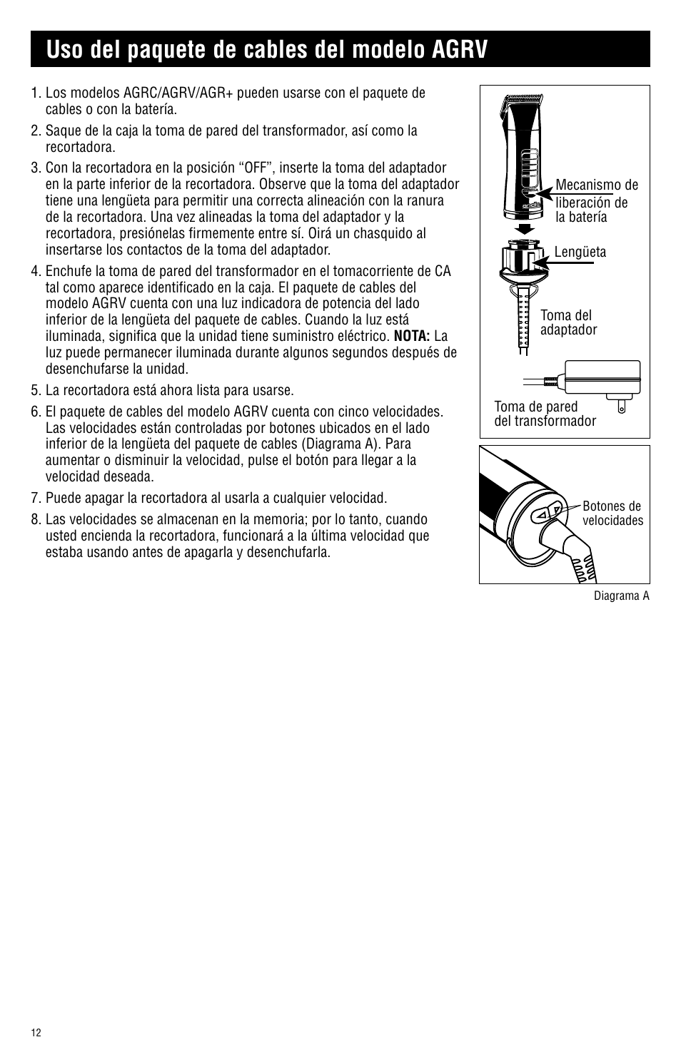 Uso del paquete de cables del modelo agrv | Andis Company AGRC User Manual | Page 12 / 28