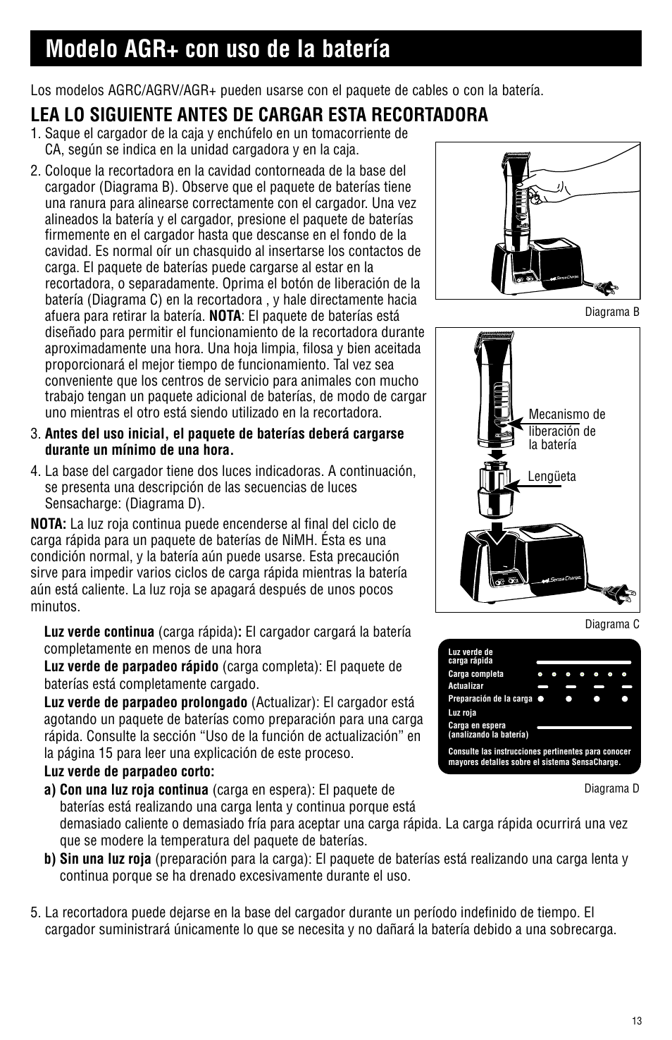 Modelo agr+ con uso de la batería, Lea lo siguiente antes de cargar esta recortadora | Andis Company AGRC User Manual | Page 13 / 28