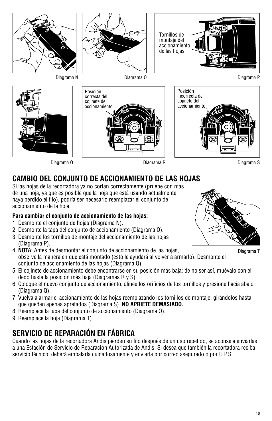 Cambio del conjunto de accionamiento de las hojas, Servicio de reparación en fábrica | Andis Company AGRC User Manual | Page 18 / 28