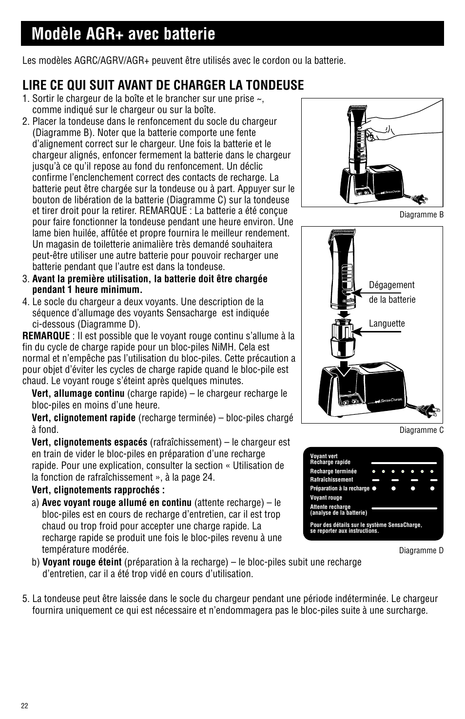 Modèle agr+ avec batterie, Lire ce qui suit avant de charger la tondeuse | Andis Company AGRC User Manual | Page 22 / 28