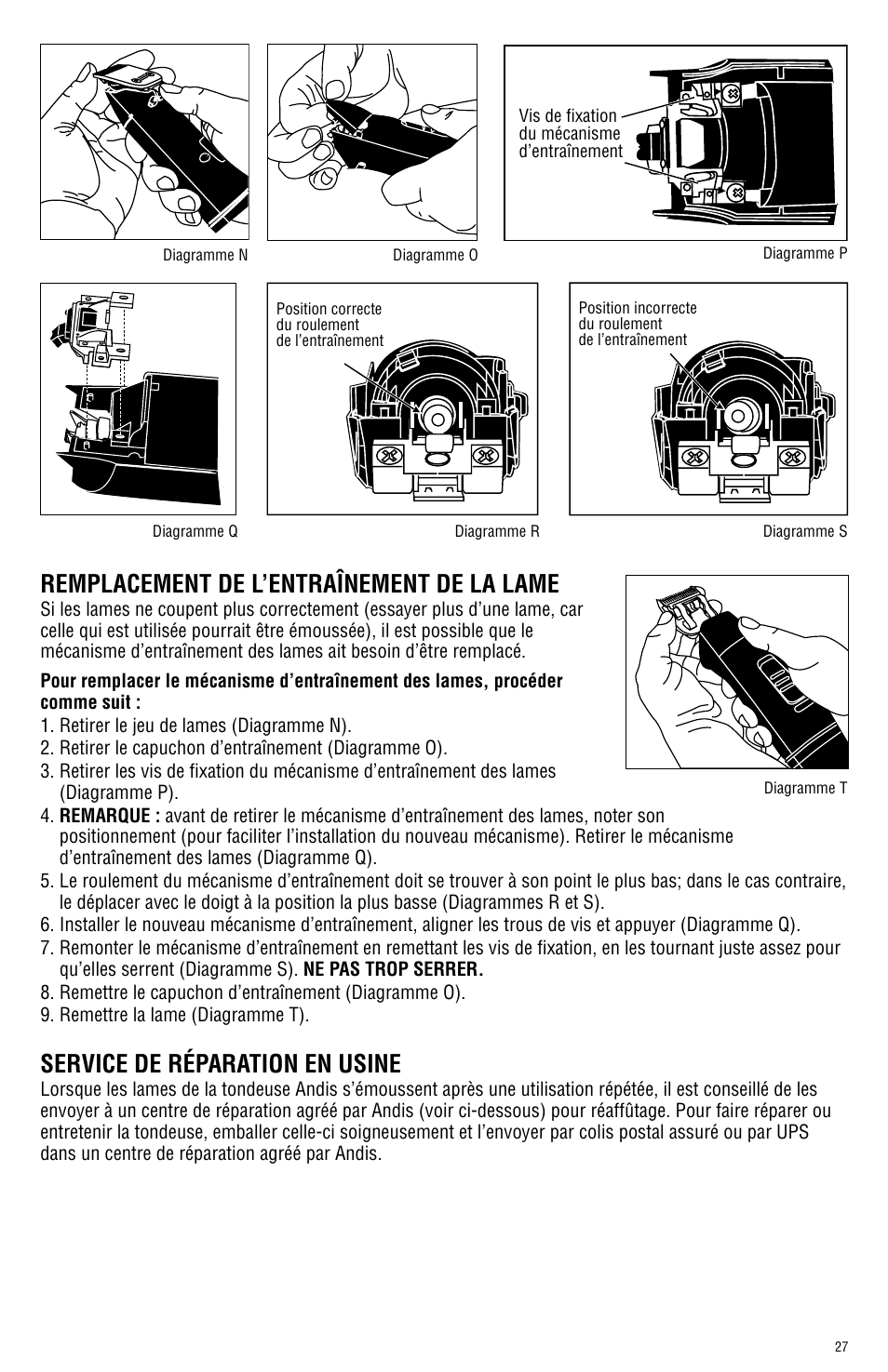 Remplacement de l’entraînement de la lame, Service de réparation en usine | Andis Company AGRC User Manual | Page 27 / 28