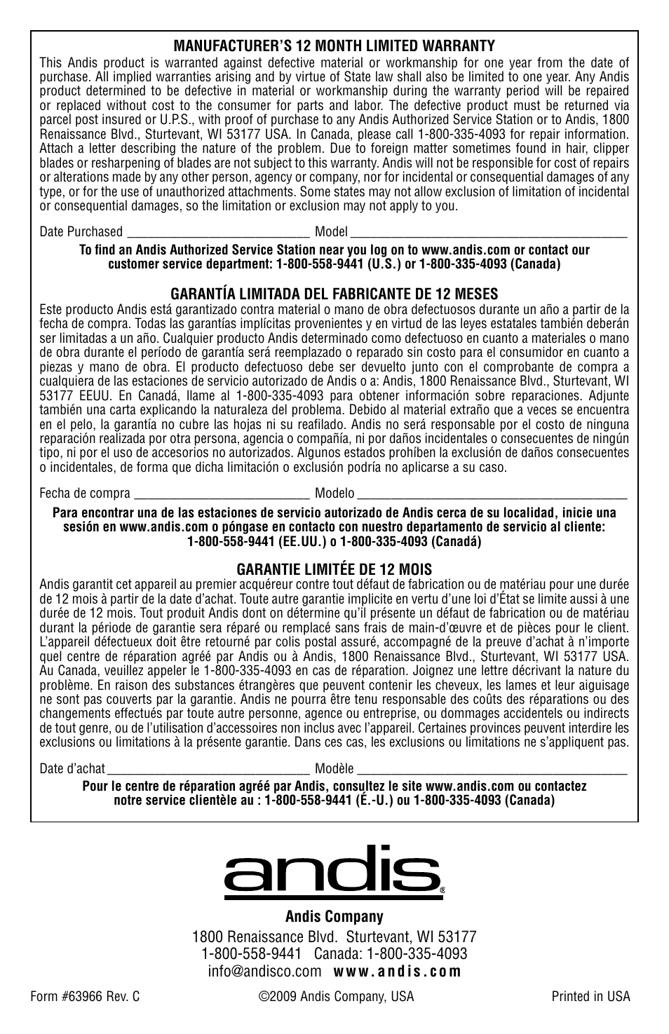 Andis Company AGRC User Manual | Page 28 / 28