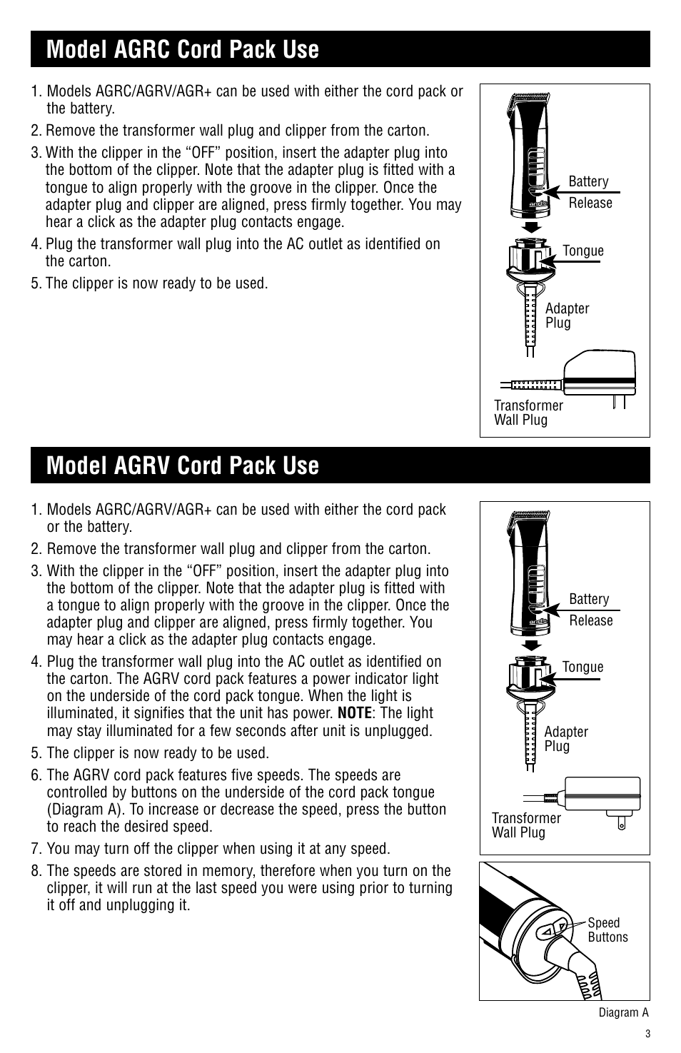 Model agrc cord pack use model agrv cord pack use | Andis Company AGRC User Manual | Page 3 / 28