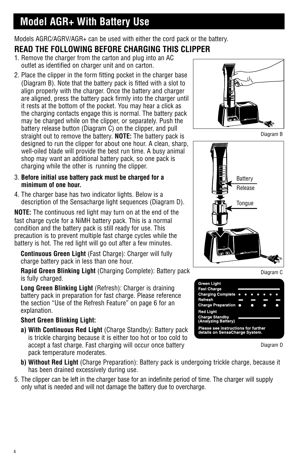 Model agr+ with battery use, Read the following before charging this clipper | Andis Company AGRC User Manual | Page 4 / 28