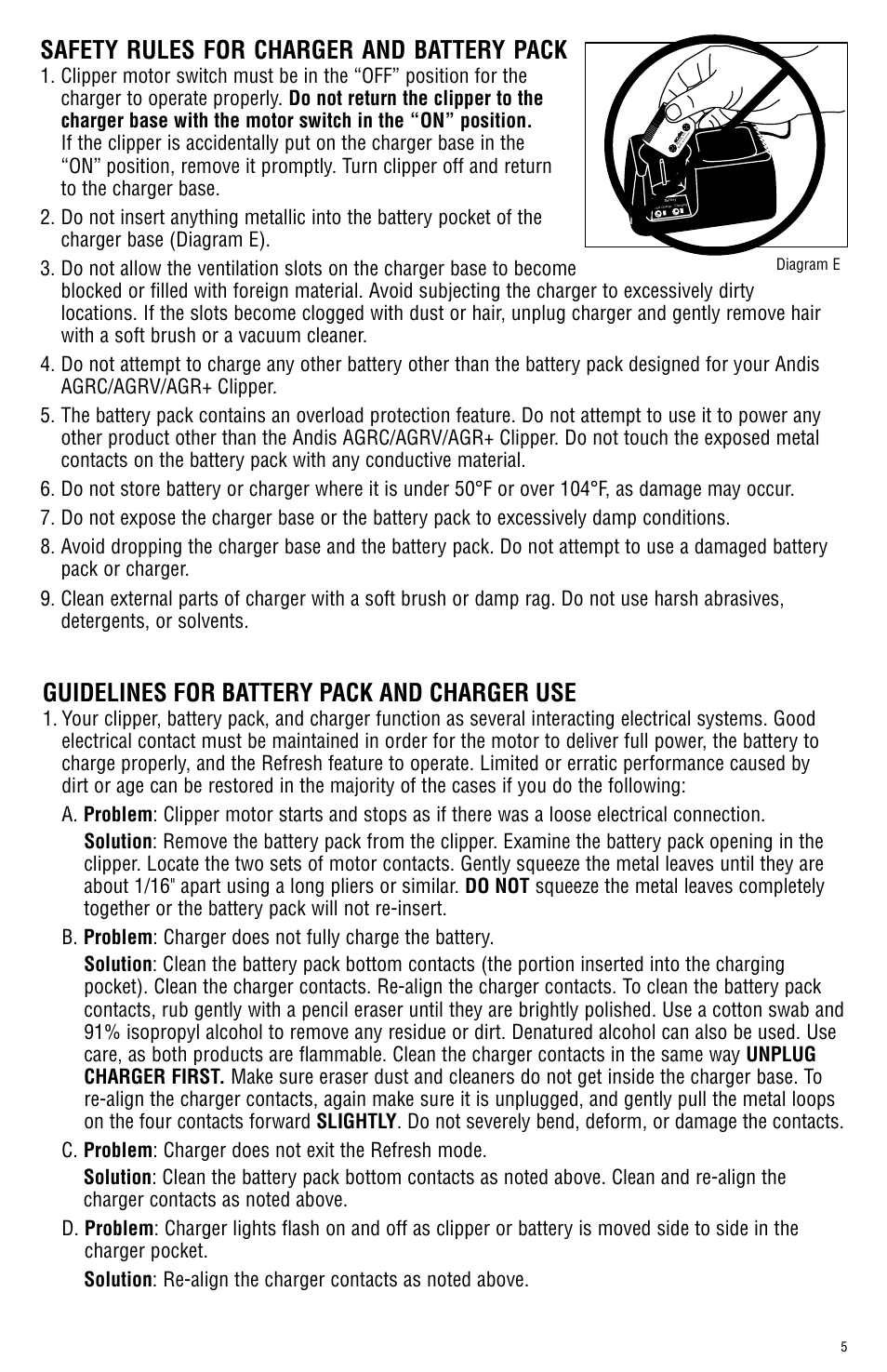 Safety rules for charger and battery pack, Guidelines for battery pack and charger use | Andis Company AGRC User Manual | Page 5 / 28