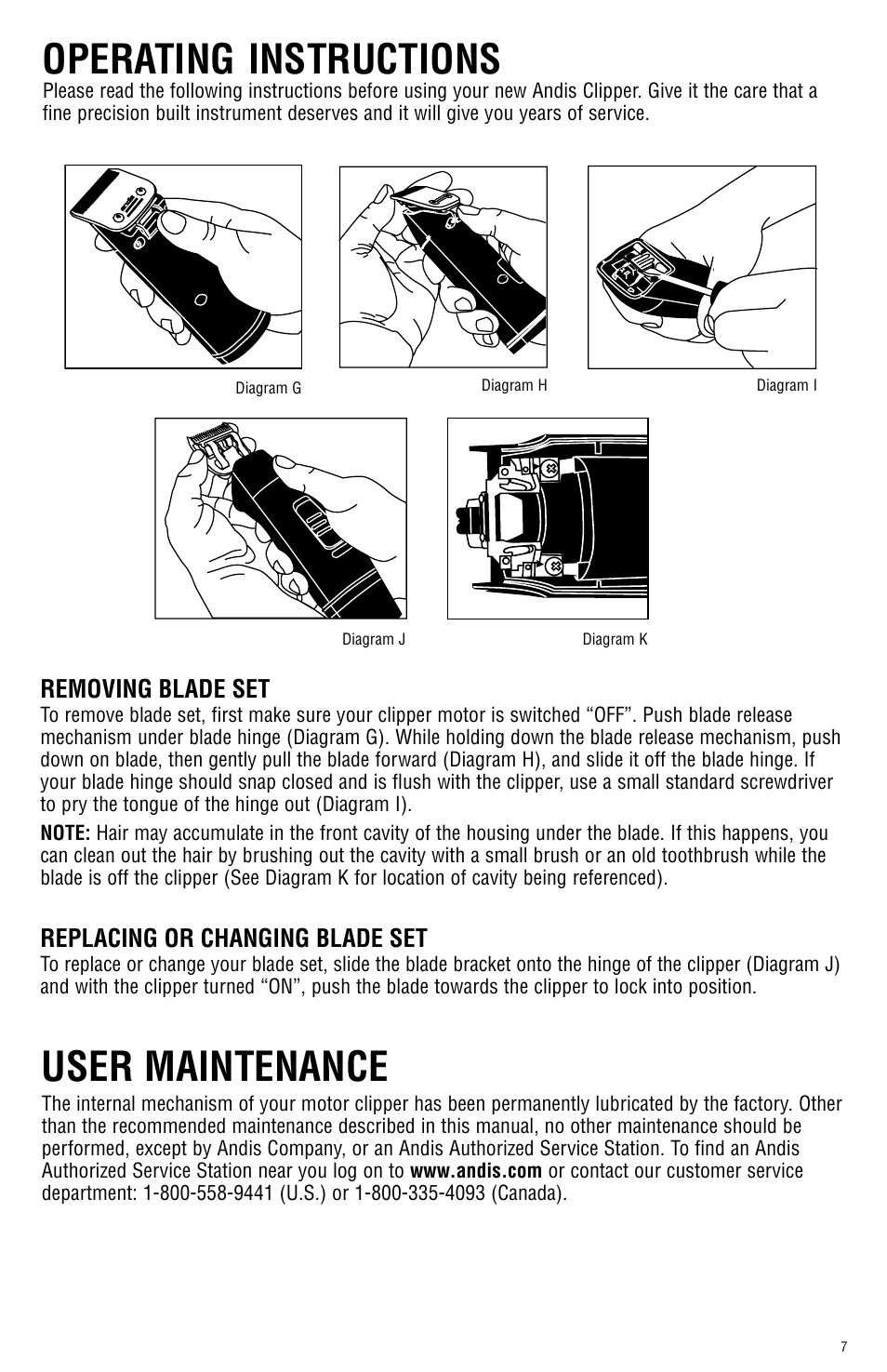 Operating instructions, User maintenance, Removing blade set | Replacing or changing blade set | Andis Company AGRC User Manual | Page 7 / 28