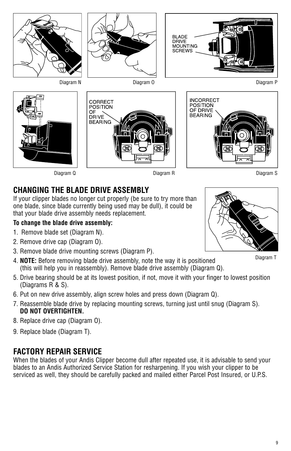 Changing the blade drive assembly, Factory repair service | Andis Company AGRC User Manual | Page 9 / 28