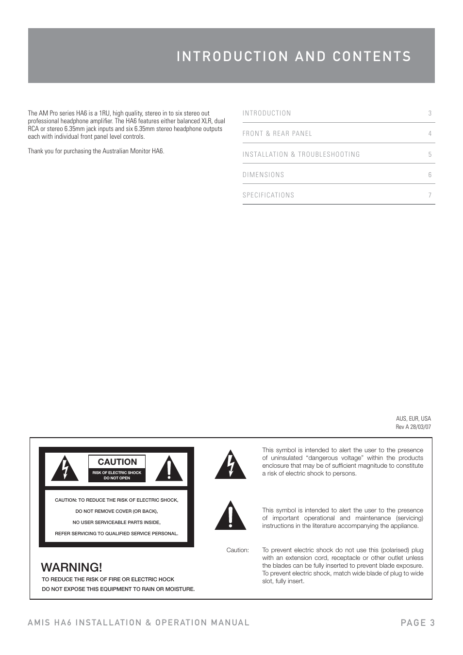 Warning, Pag e 3 | Australian Monitor HA6 User Manual | Page 3 / 8