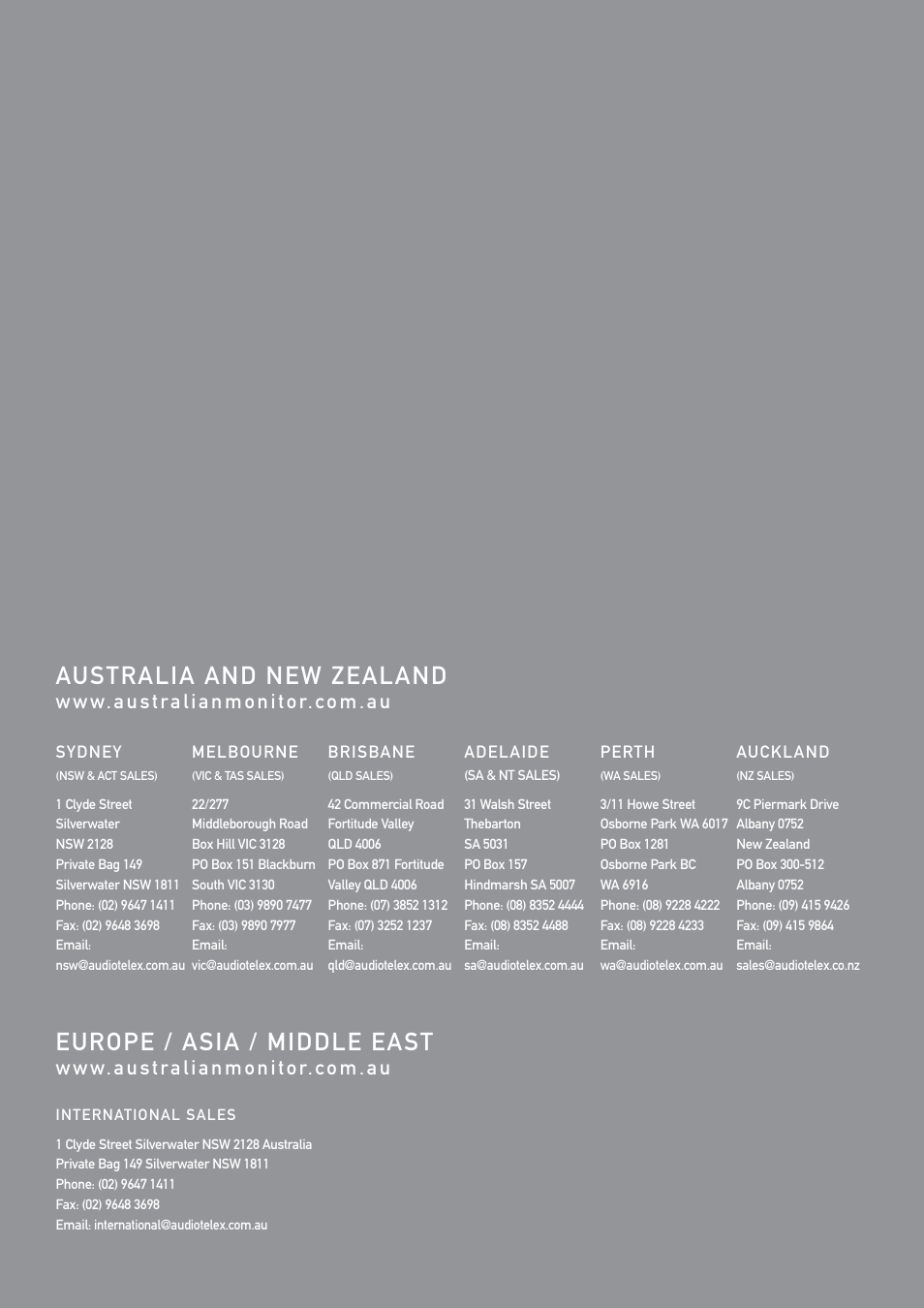 Australia and new zealand, Europe / asia / middle east | Australian Monitor HA6 User Manual | Page 8 / 8