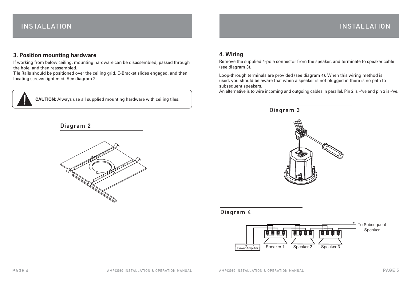 I n s ta l l at i o n, Wiring, Position mounting hardware | Australian Monitor AMPCS60 User Manual | Page 4 / 6