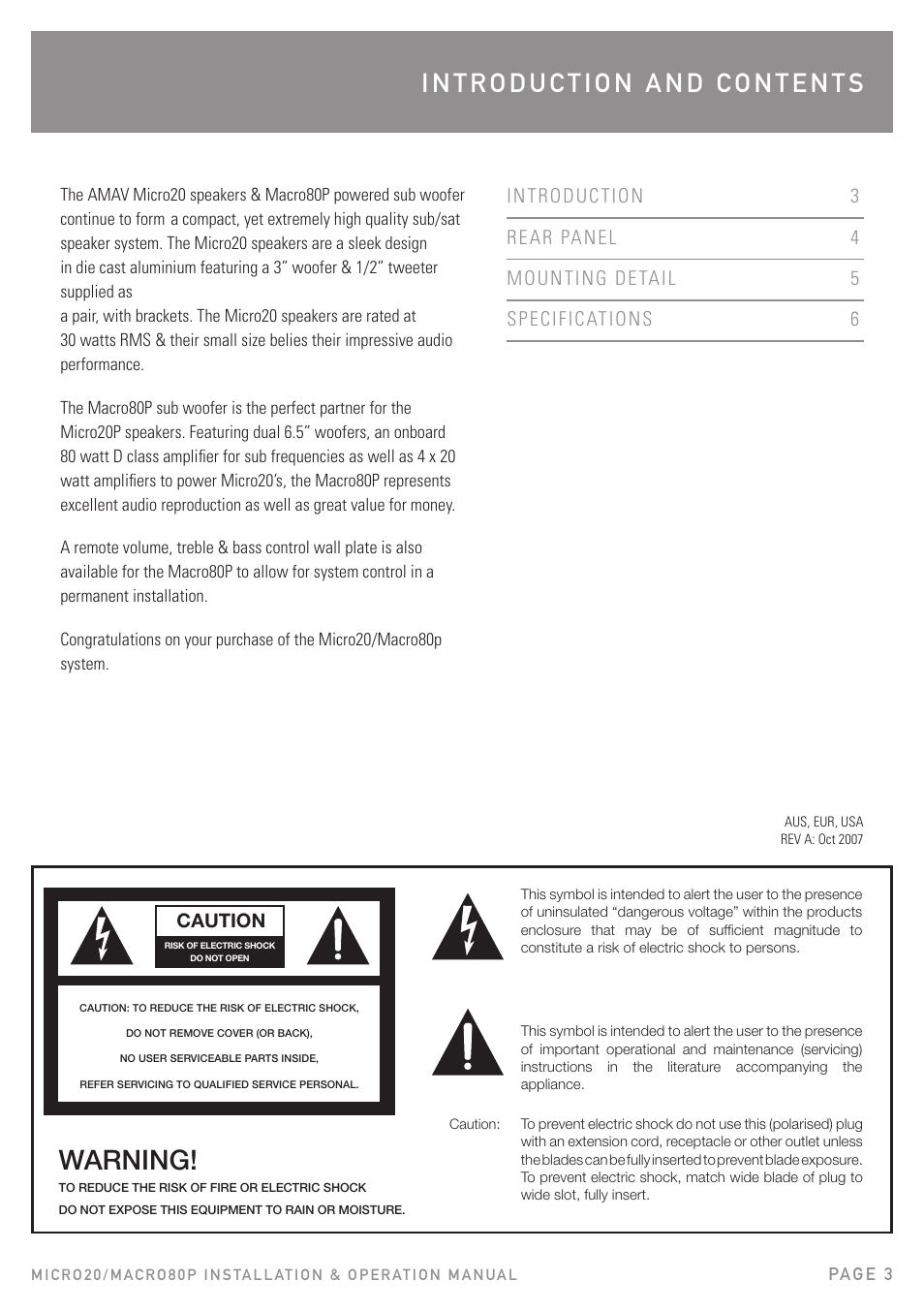 Warning | Australian Monitor Cafe Series User Manual | Page 3 / 8