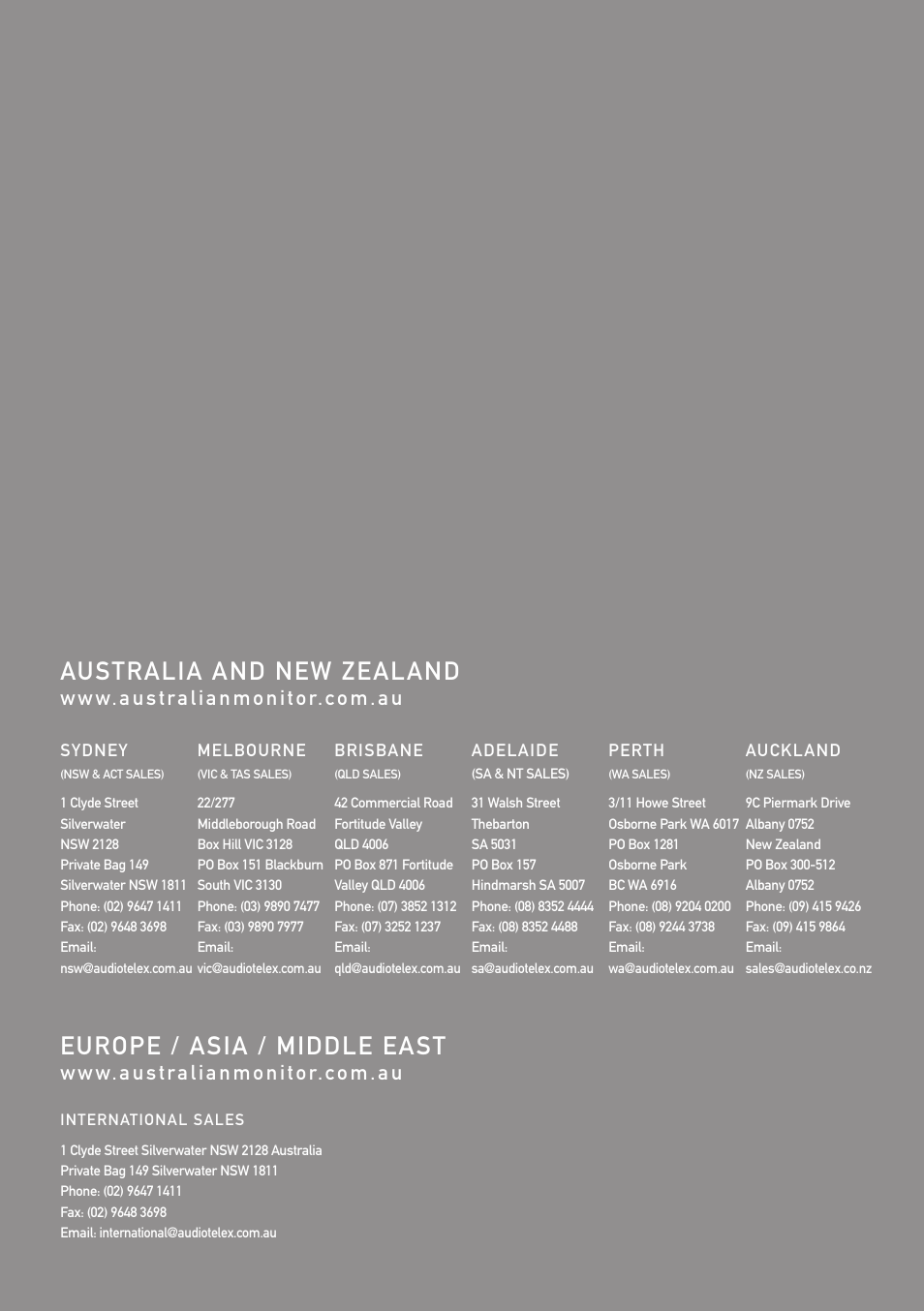 Australia and new zealand, Europe / asia / middle east | Australian Monitor Cafe Series User Manual | Page 8 / 8