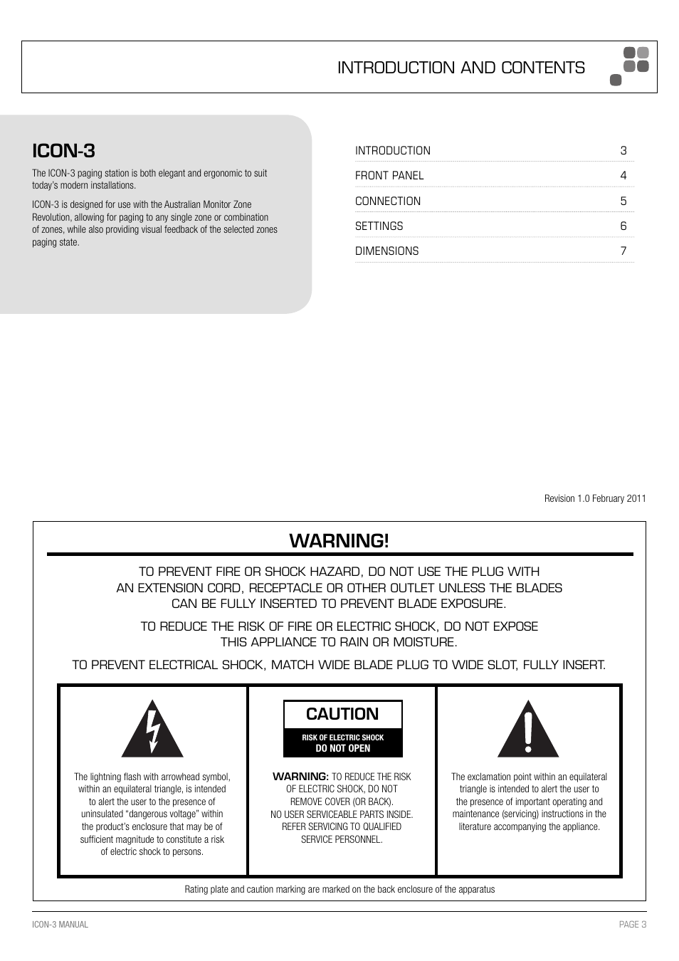 Icon-3, Warning, Caution | Introduction and contents | Australian Monitor ICON 3 User Manual | Page 3 / 8