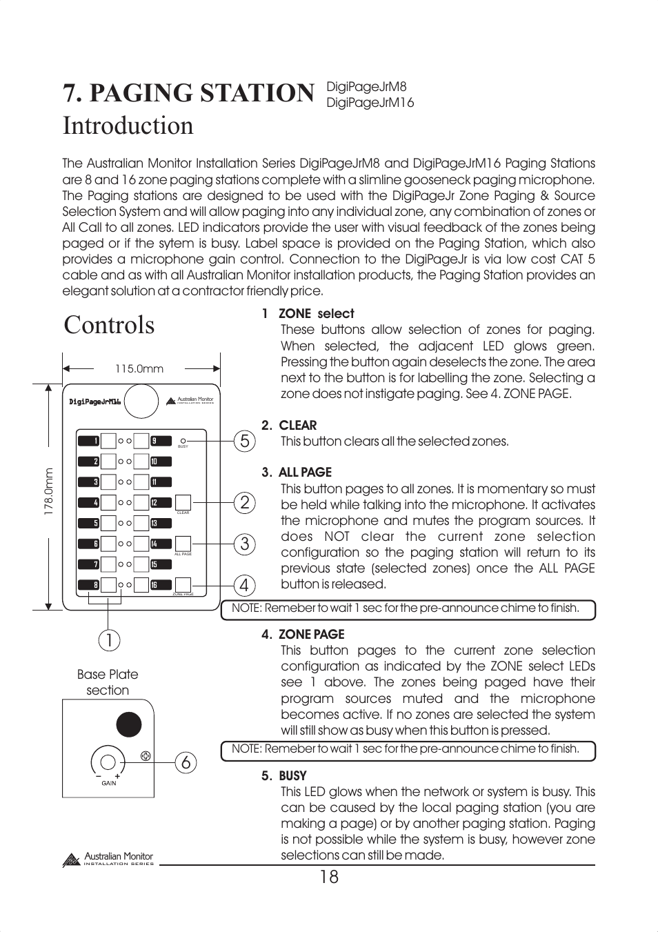 Controls introduction, Paging station | Australian Monitor DigiPage User Manual | Page 18 / 24