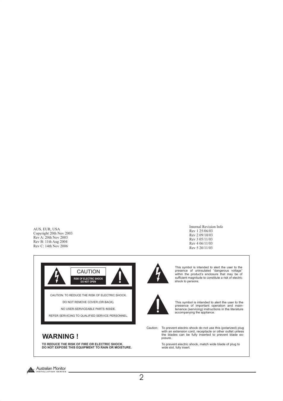 Warning, Caution, Australian monitor | Australian Monitor DigiPage User Manual | Page 2 / 24