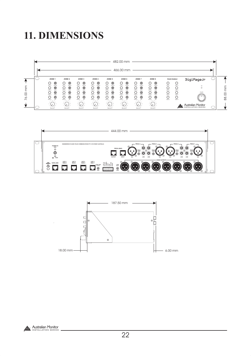 Dimensions, Australian monitor, 00 mm | Australian Monitor DigiPage User Manual | Page 22 / 24