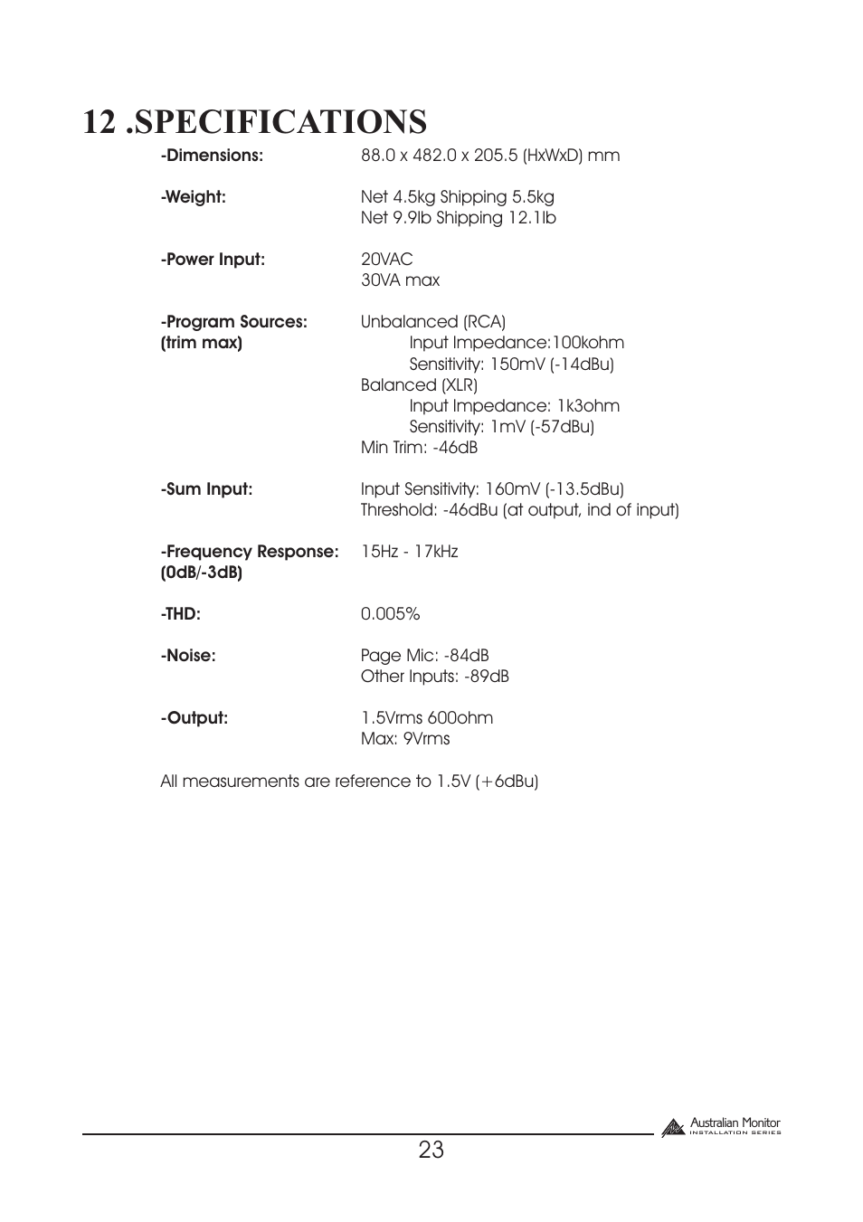 12 .specifications | Australian Monitor DigiPage User Manual | Page 23 / 24