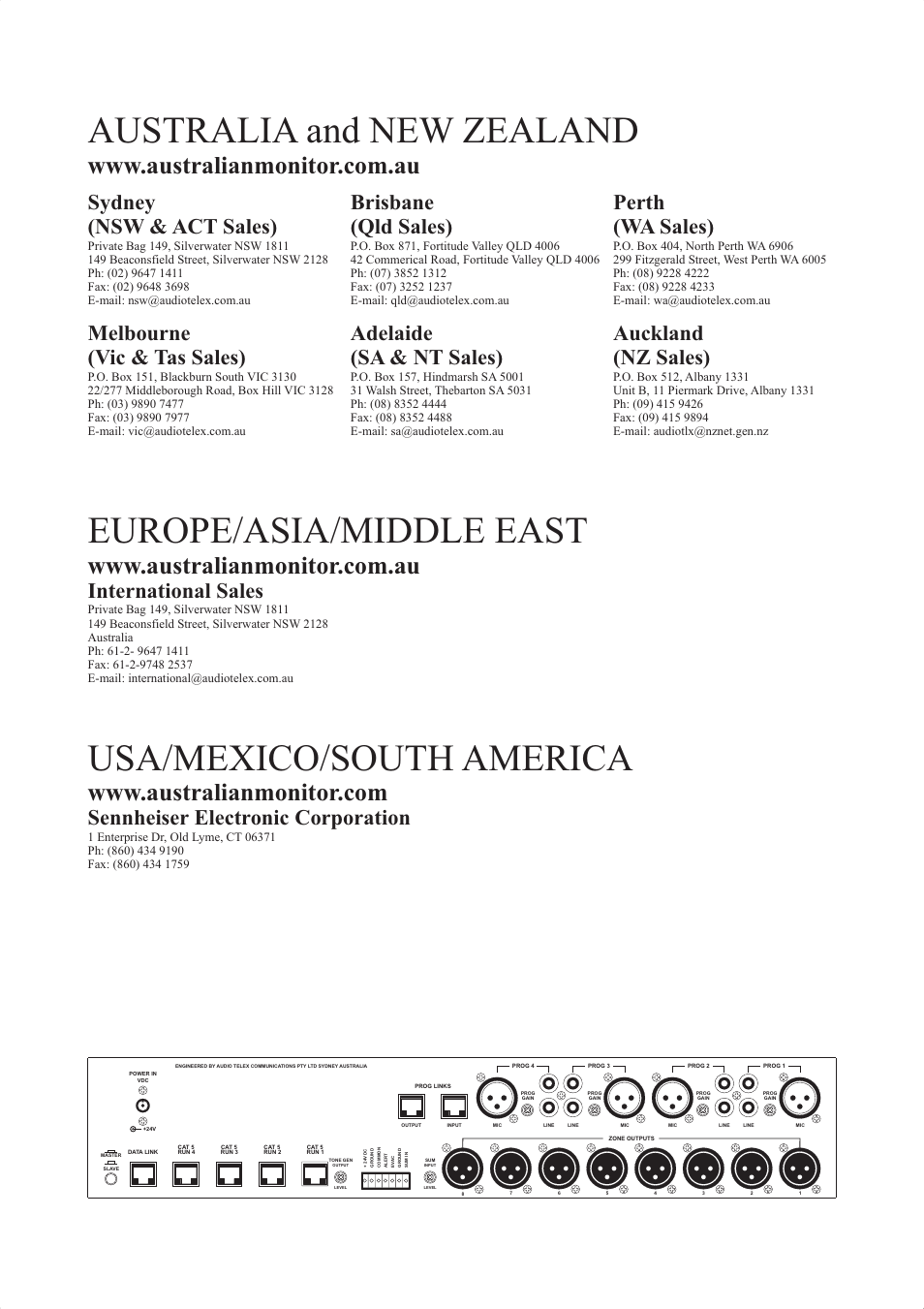 Australia and new zealand, Europe/asia/middle east, Usa/mexico/south america | International sales, Sennheiser electronic corporation | Australian Monitor DigiPage User Manual | Page 24 / 24