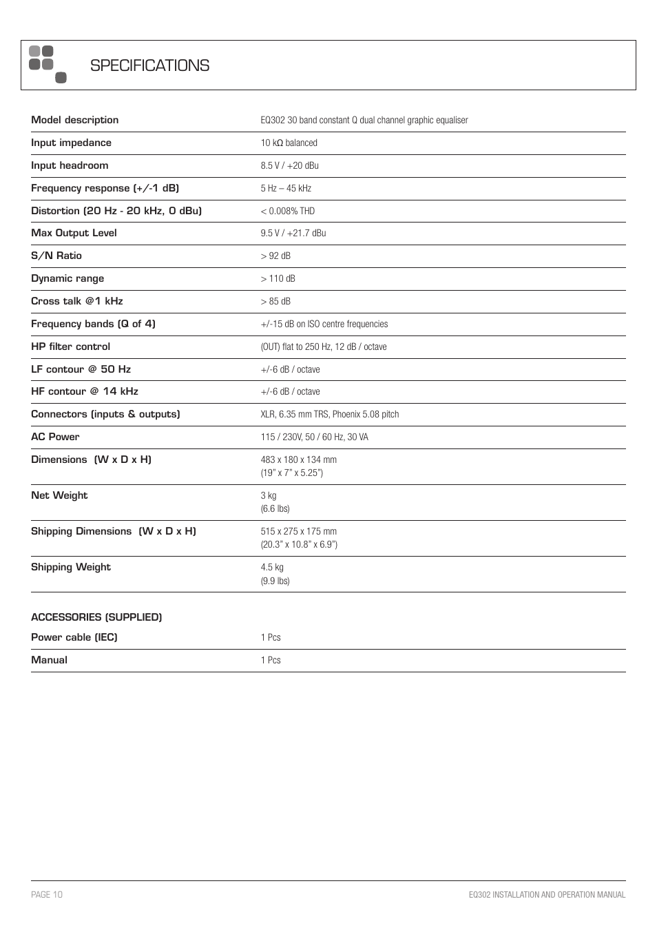 Specifications | Australian Monitor EQ302 User Manual | Page 10 / 12