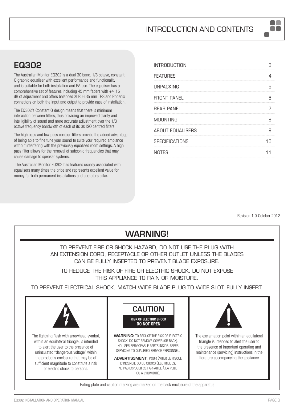 Eq302, Warning, Caution | Introduction and contents | Australian Monitor EQ302 User Manual | Page 3 / 12