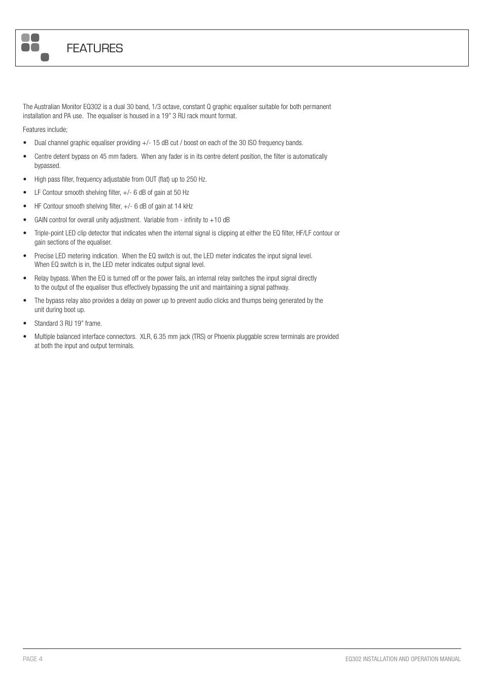 Features | Australian Monitor EQ302 User Manual | Page 4 / 12