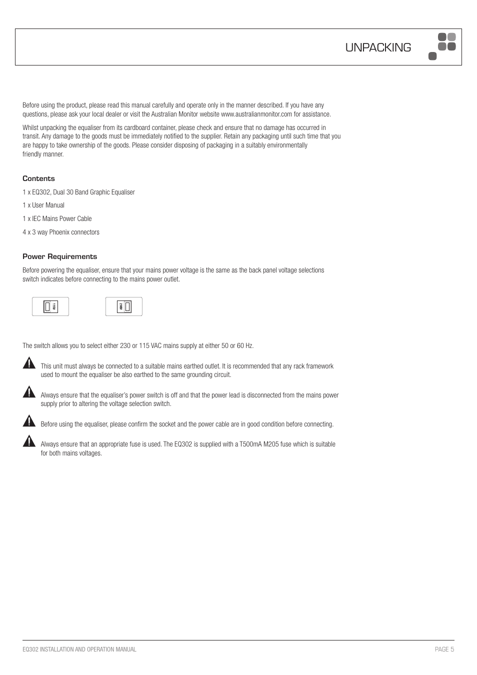 Unpacking | Australian Monitor EQ302 User Manual | Page 5 / 12