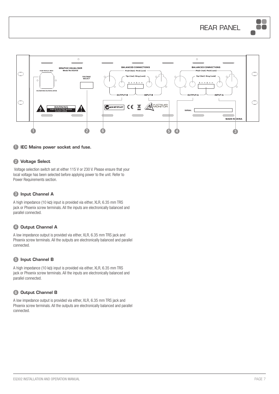 Rear panel | Australian Monitor EQ302 User Manual | Page 7 / 12