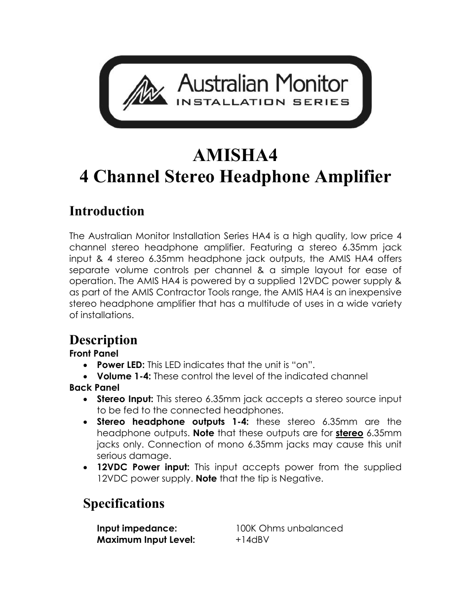 Australian Monitor AMISHA4 User Manual | 2 pages