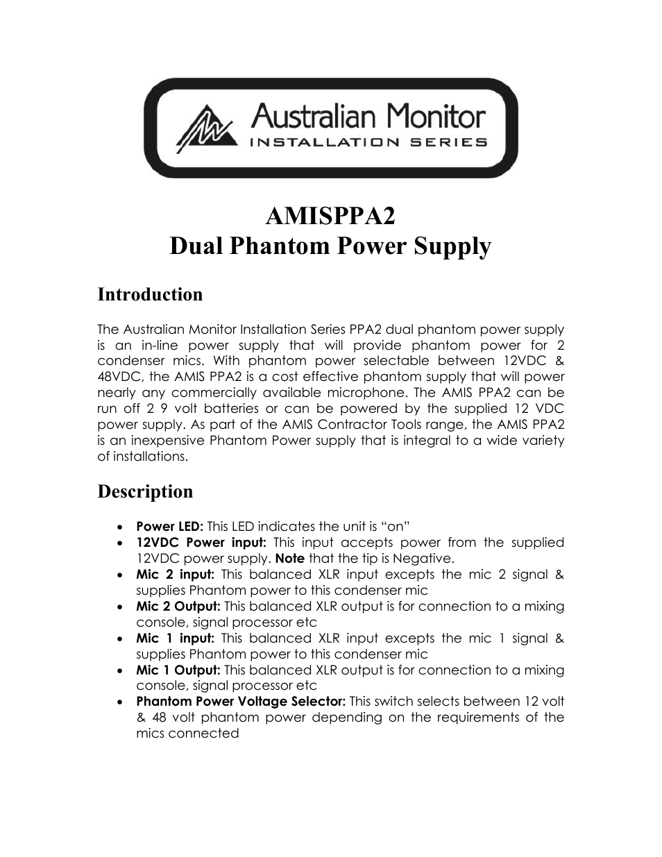 Australian Monitor AMISPPA2 User Manual | 2 pages
