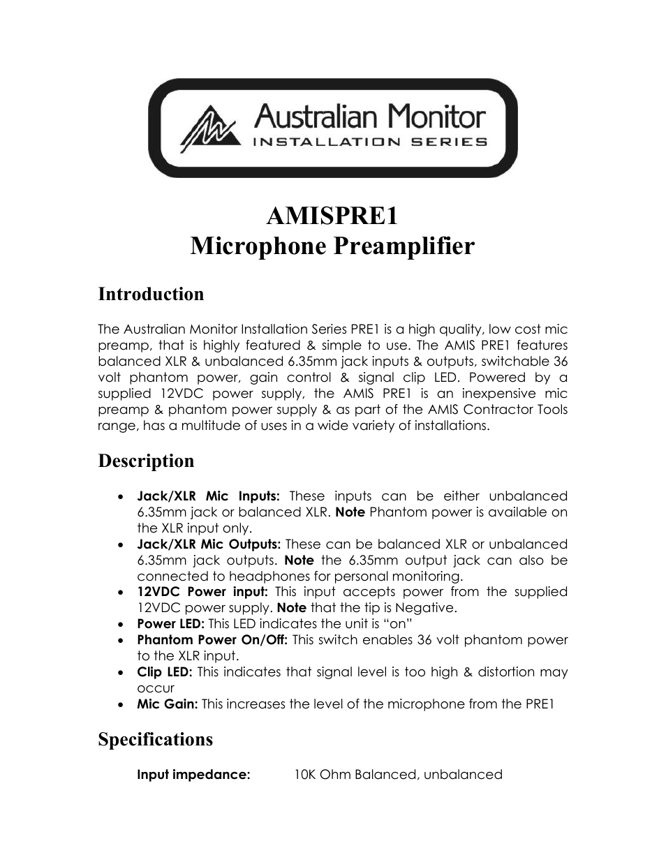 Australian Monitor AMISPRE1 User Manual | 2 pages