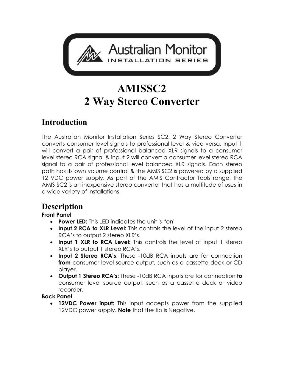 Australian Monitor AMISSC2 User Manual | 3 pages