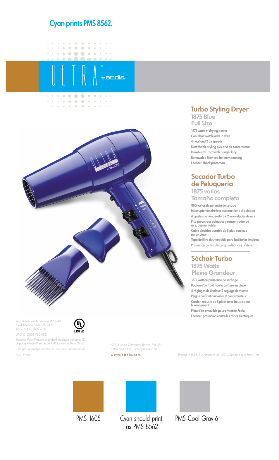Andis Company Ultra 1875 Blue User Manual | 1 page