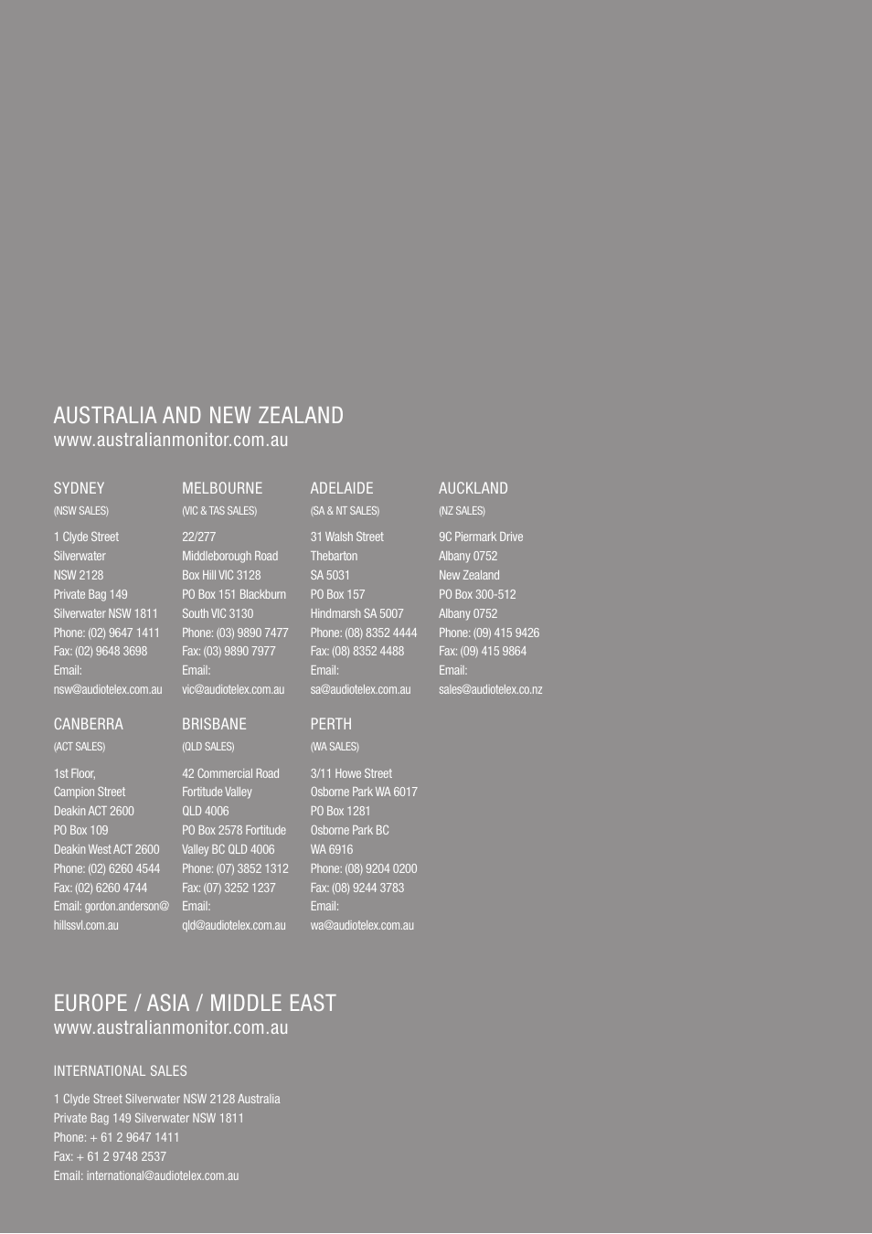 Australia and new zealand, Europe / asia / middle east | Australian Monitor IN600 User Manual | Page 16 / 16