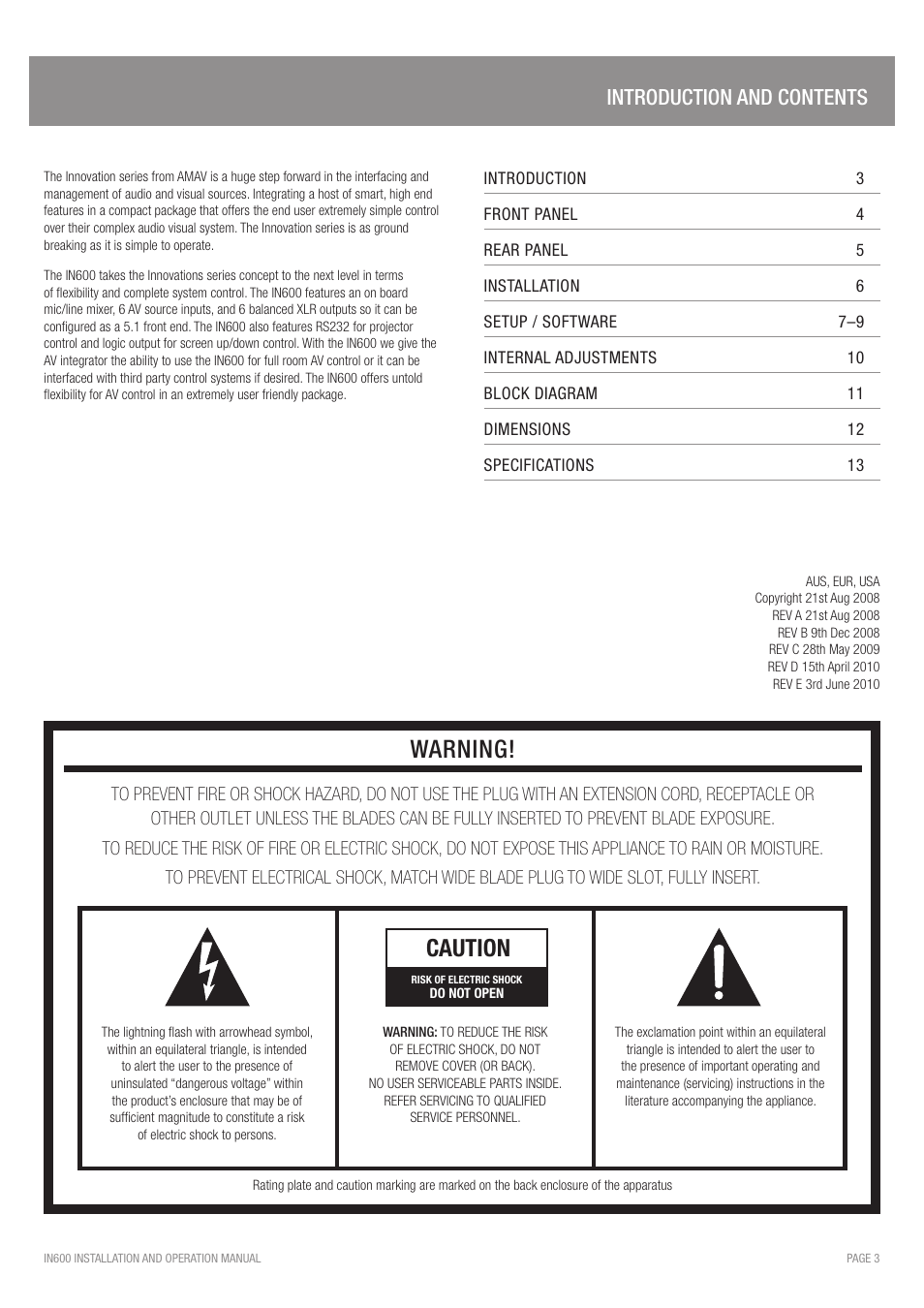 Warning, Caution, Introduction and contents | Australian Monitor IN600 User Manual | Page 3 / 16